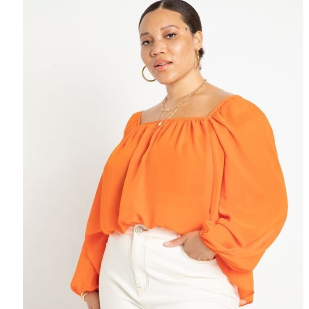 Square Neck Sheer Orange Blouse. Size 16.